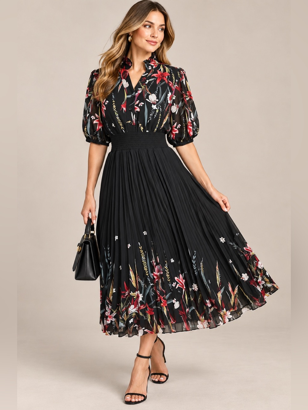 Gracia Black Floral Pleated Midi Dress Smocked Waist Ruffle Neck M